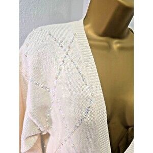 Vtg Robert Scott Cardigan Womens Med Cream Lambswool Blend Cottage Beaded Pearls